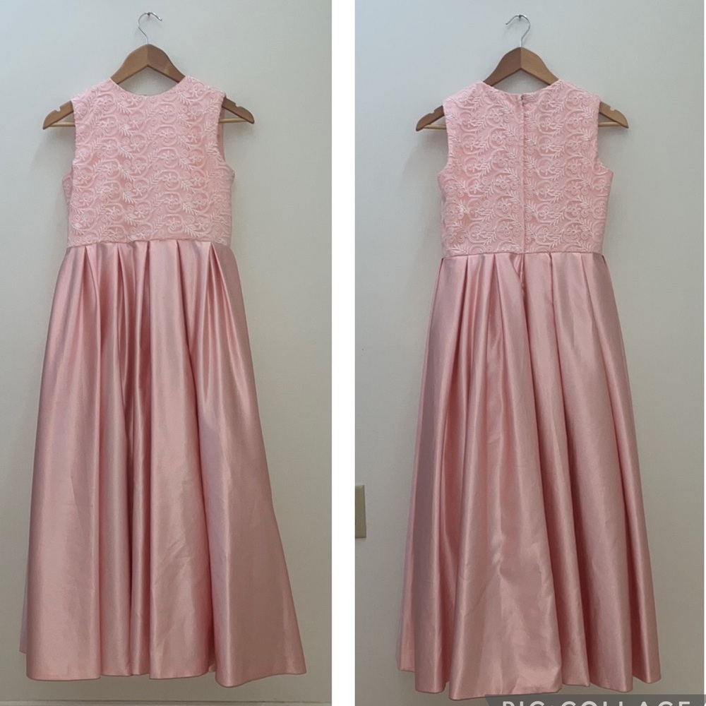 Flower Girl Junior Bridesmaid Satin and Lace Pearl Pink Dress